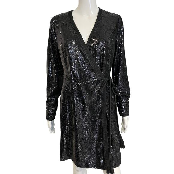 KOBI HALPERIN Black Sequined Short Wrap Addison Dress Size M - Picture 2 of 5